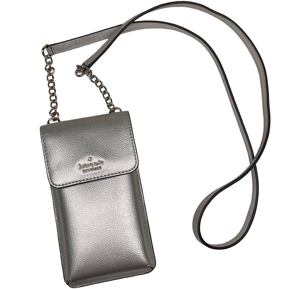 Kate Spade North South Phone Crossbody Bag Women Silver Metallic Leather Chain